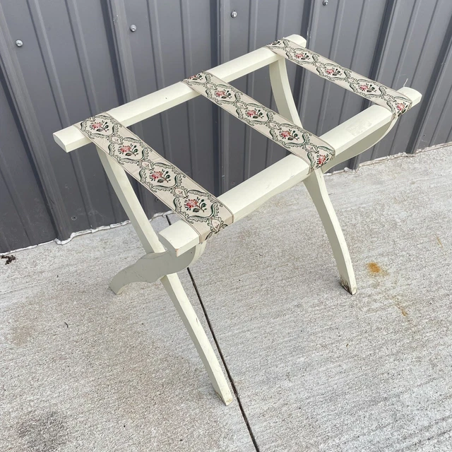 Vintage Wood Tapestry Luggage Travel Rack Stand Ivory Cottage Folding Home Decor