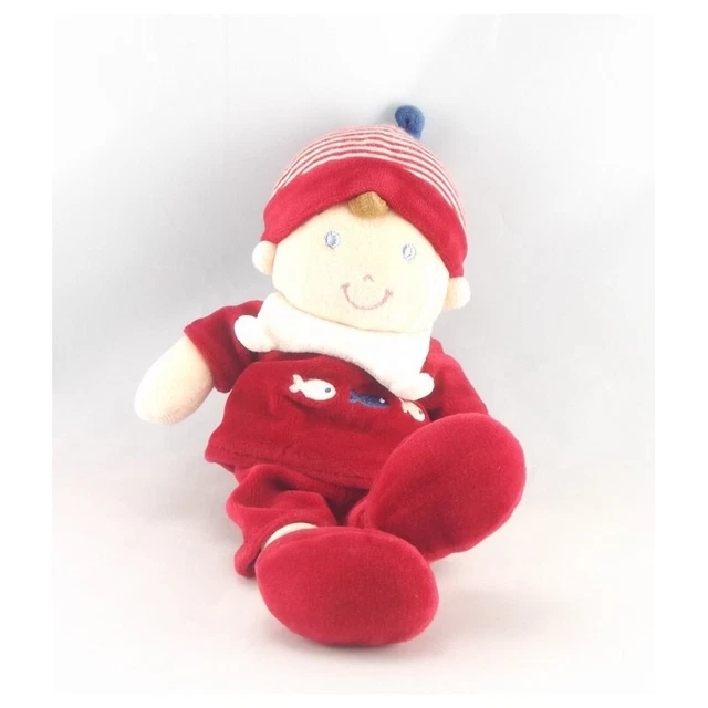 Doudou poupée lutin garçon marin rouge poissons brodés MOTS D'ENFANTS - 1847
