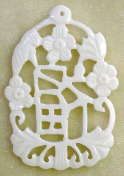 Carved Bone Luck Fortune Asian Symbol Floral Focal Oriental Bead Drop Pendant 3
