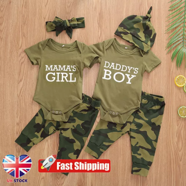 Newborn Infant Baby Boys Girl Clothes Romper Tops Camo Pants Headband Outfit Set