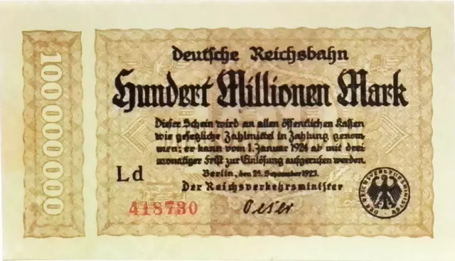 UNC 1923 Germany REICHSBAHN 100 Million / 100.000.000 Mark Banknote