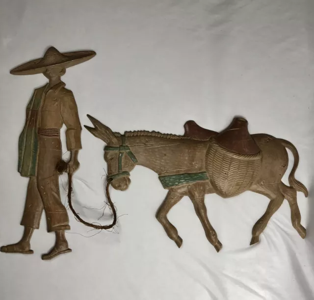 Folk Art Picture Man Burro Donkey Metal Wall Hanging Southwestern Desert Decor