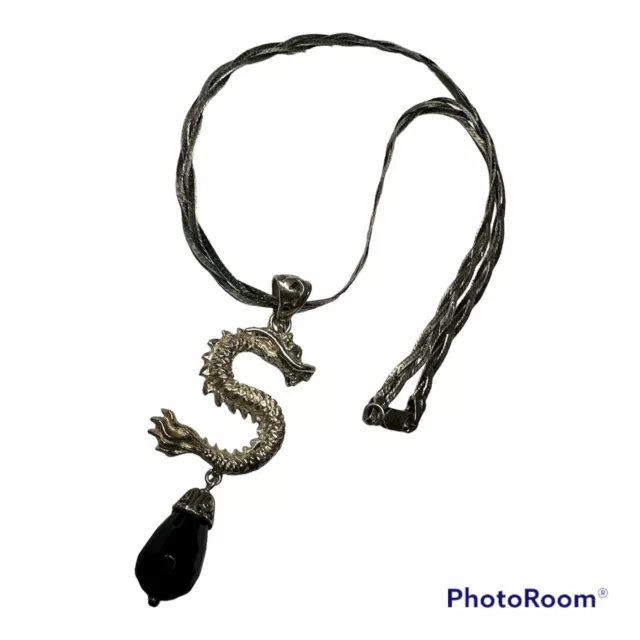 Vintage Sterling 925 Skanderborg Silvertone Black Bead Dragon Necklace