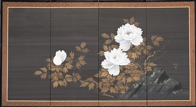 Four Panel Lotus Flower Painting on Silk, Signed, 20th Century