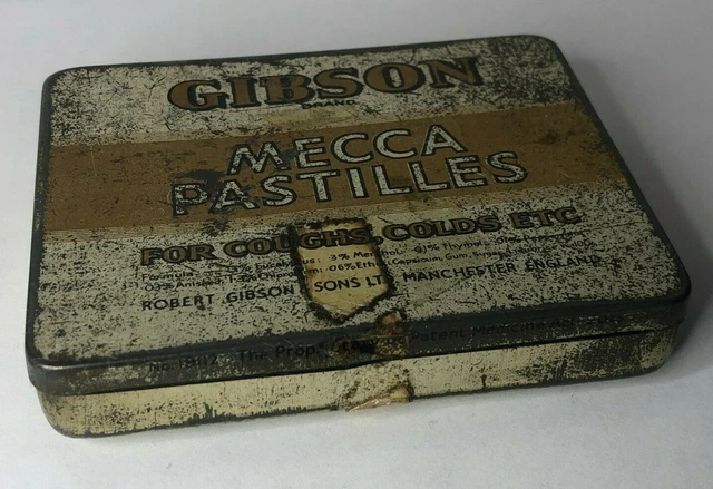 Vintage Gibson Mecca Pastilles tin For Coughs & Cold Empty tin Manchester Maker