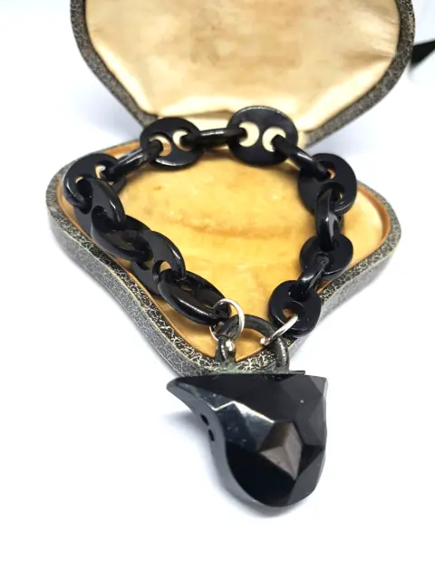 Antique Victorian  Whitby Jet Chain Bracelet  With Padlock Fastening Goth