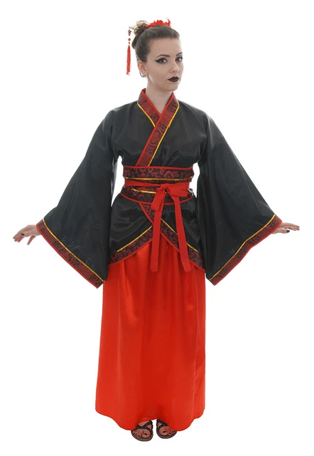 Kimono noir et rouge, bordure et ceinture à motifs, traditionnel chinois