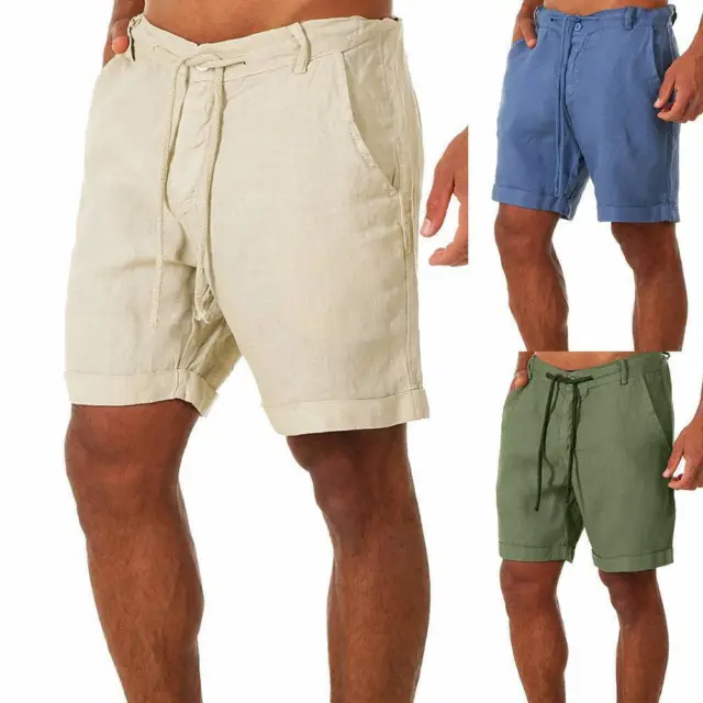 Men Summer Cotton Linen Elastic Waist Drawstring Pants Baggy Loose Casual Shorts