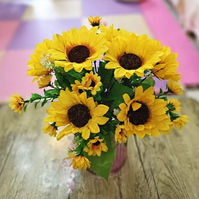 20X Flores Artificiales De Girasol 13 Cabezas Ramo De Boda Decoración De < 2