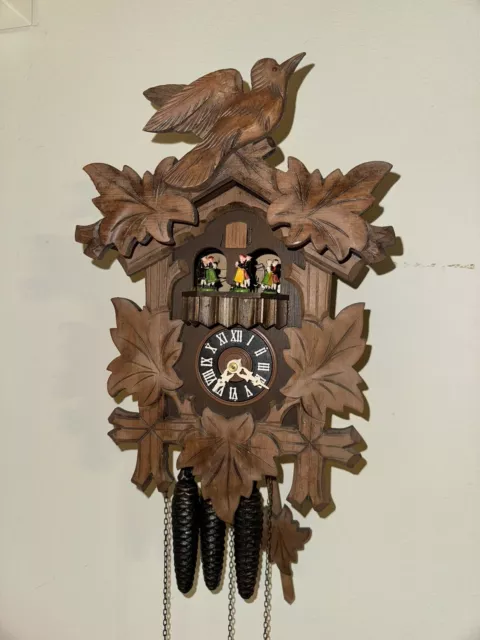 Vintage Black Forest German Musical 1 day Cuckoo Clock with Dancers works VIDEO