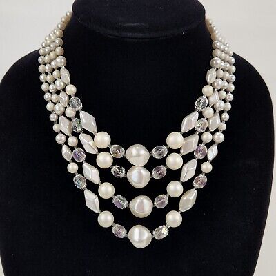 Japan Faux Pearl White Bead 4 Strand Necklace Silver Tone 12-16" Vtg Jewelry