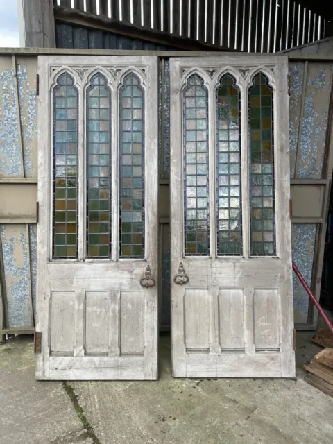 Large Pair Of Gothic Style stained glass Pine Double Doors