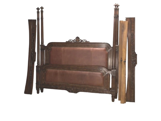 Henredon Style King Size Four Poster Bed With Leather and brass Accents Henredon Style King Size Four Poster Bed With Leather and brass Accents