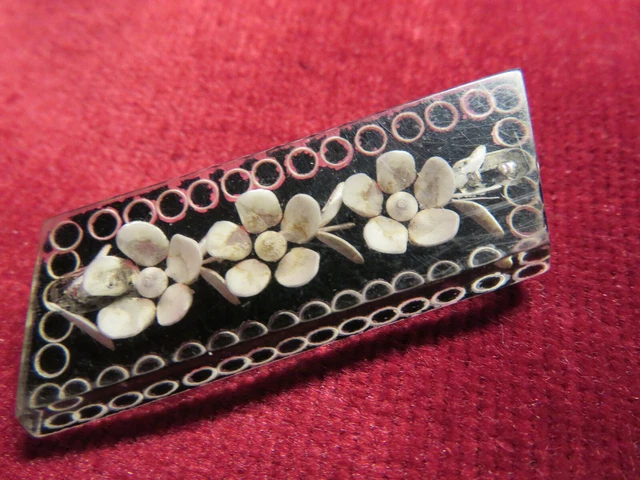 Broche De Deuil Ancienne Art Déco En Jais Véritable - Forme Losange Avec Fleurs Et Perles
