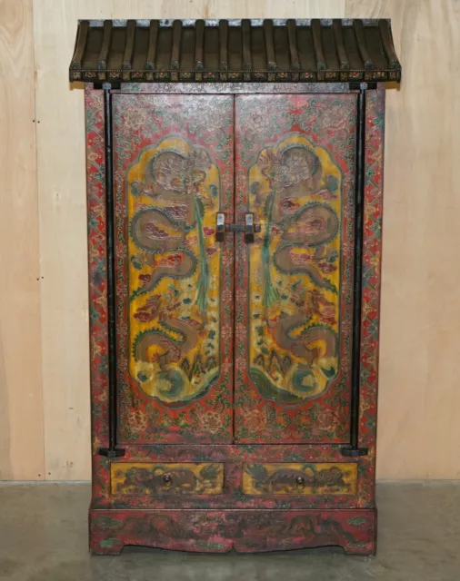 Full Sized Vintage Chinese Red Dragons Painted Pagoda Top Wardrobe With Drawers 2