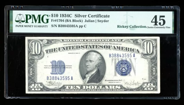 DBR 1934-C $10 Silver Fr. 1704 PMG 45 Serial B38843595A
