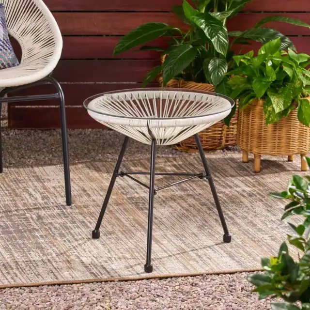 Small 18 Inch White Round Metal Outdoor Glass Top Side Table For Patio Clearance