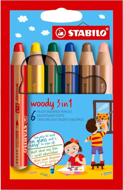 STABILO woody 3 in 1 Bundstift Wasserfarbe Wachsmalkreide 6er Etui