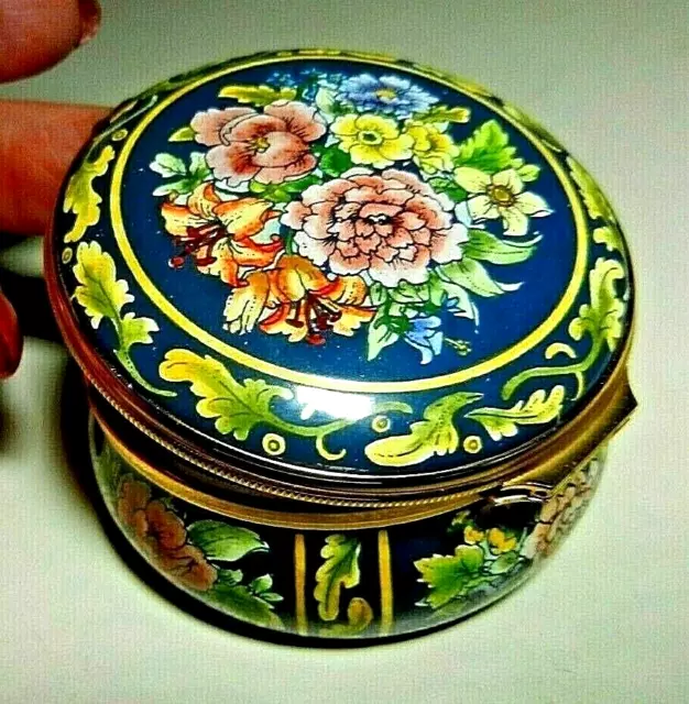 Halcyon Days Enamel FLORAL BOUQUET Hinged Round Box-Bilson  & Battersea England