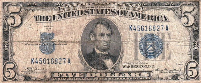 1934 Blue Seal $5 Silver Certificate lot of 4 Circulated Series A C D 8