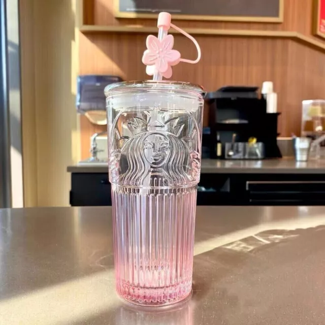 2024 STARBUCKS GLASS Cup Gradient Pink Sakura Tumbler w/Cherry blossom