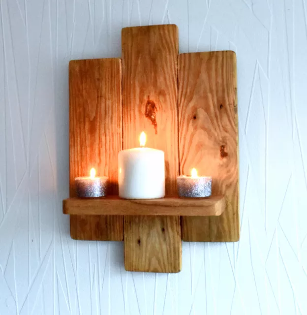 Reclaimed Triple Panel Wall Sconce Candle Holder Pallet Wood 38cm