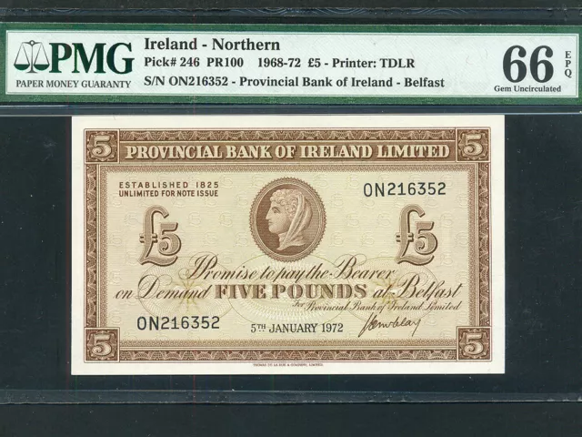 Northern Ireland:P-246,5 Pounds,1972 * Provincial Bank * PMG Gem UNC 66 EPQ *