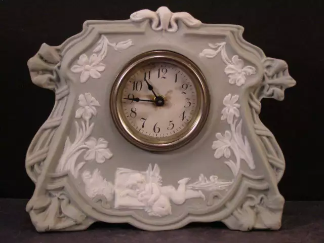 Antique Jasperware Clock Mantle Shelf Cherub Bunny Rabbit Art Nouveau Case Angel