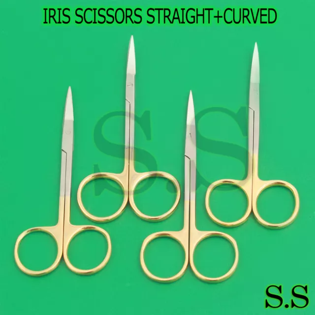 4 Iris Micro Surgery Delicate Scissors Straight+Curved 4.5"+3.5" Gold Handle