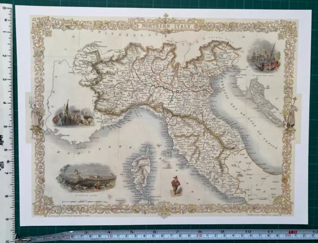 Old Antique picture map North Italy, Venice, Rome: 1800s: Tallis: Reprint
