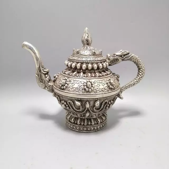 13*14cm Antique Chinese Copper Silvering Inlay Pearl Dragon Head Statue Teapot 3