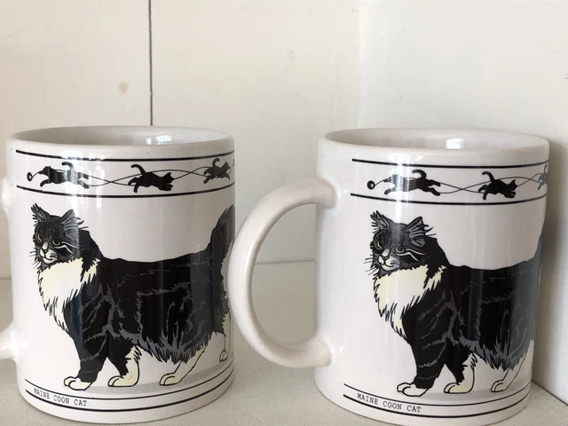 (2) Vintage American Shorthair And Cat Maine Coon Cat Mugs Signed JDT Ceramic