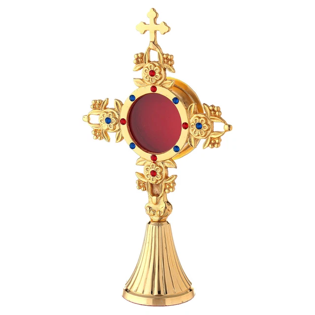 Reliquiario foglie frutti ottone dorato cristalli 25 cm