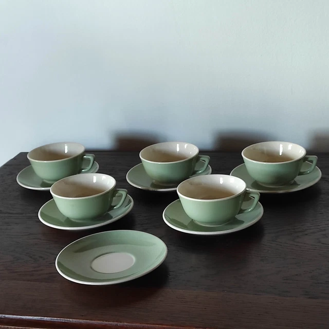 Lot De 5 Tasses à Café Vertes Vintage En Porcelaine - Fait Main, Années 70 - Parfait état