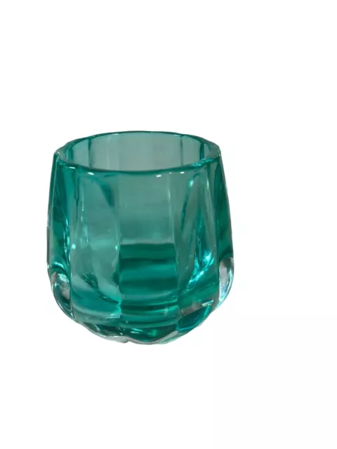 Vintage Blue Green Tick Panel Glass Tealight Candle Holder Art Collectible