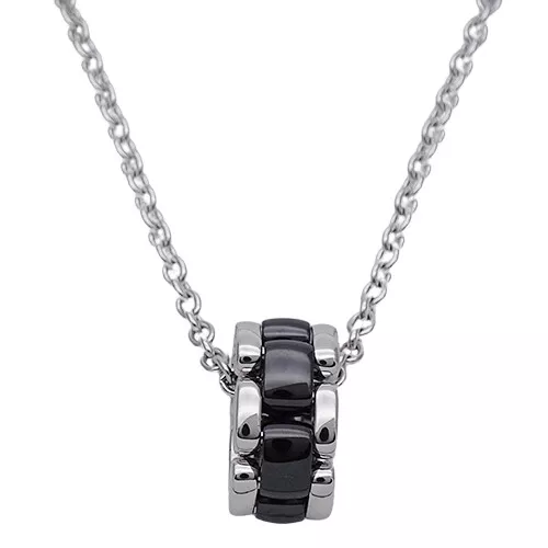 Chanel White Gold, Black Ceramic and Diamond Camellia Necklace, Pendant, Contemporary Jewelry