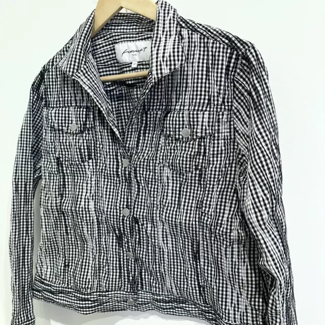 Foxcroft Crinkled Gingham Plaid Black & White Shirt Jacket Size 12 Petite 2
