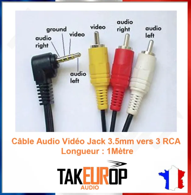 CABLE ADAPTATEUR AV AUDIO VIDEO JACK 3.5 VERS 3 RCA - COMPOSITE STEREO 1m mètre 2