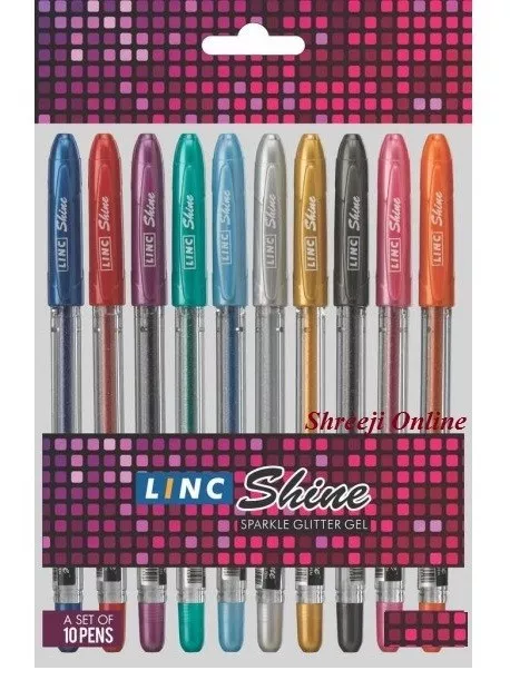 10 x Linc Shine Sparkled GLITTER Gel Pens 0.7 mm FINE Tip 10 colours