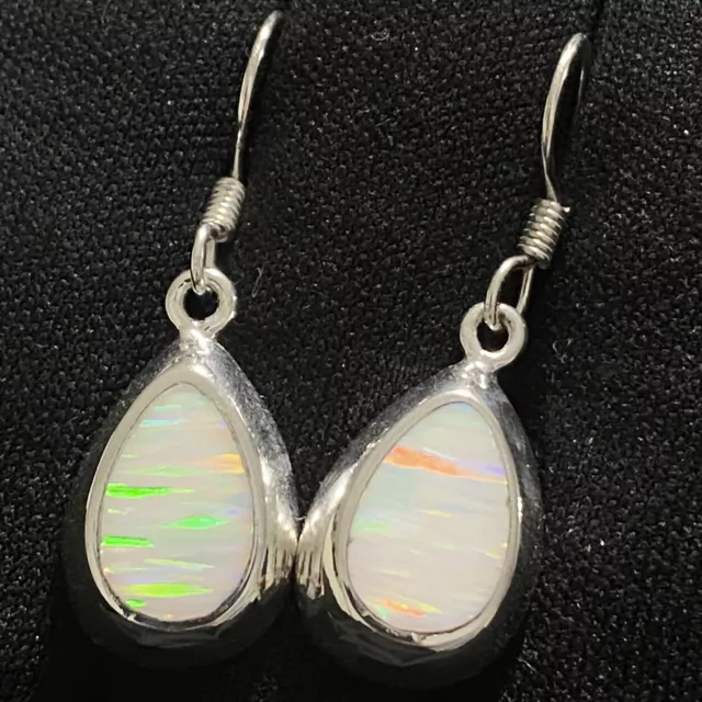 Stunning Signed Estate Sterling Silver Opal Inlay Tear Drop Dangle Earrings