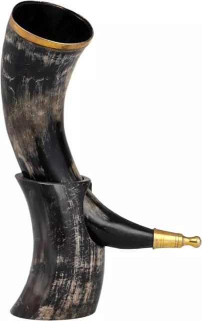 Viking Drinking Horn with Stand Natural Finish Genuine Ox Brass Rim & Tip 12 Oz