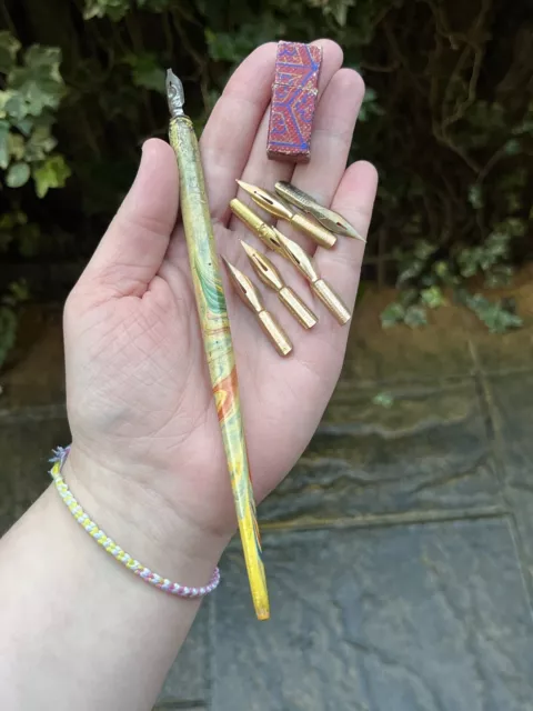 Antique Florentine Wooden Dip Pen With An Assortment Of Random Nibs