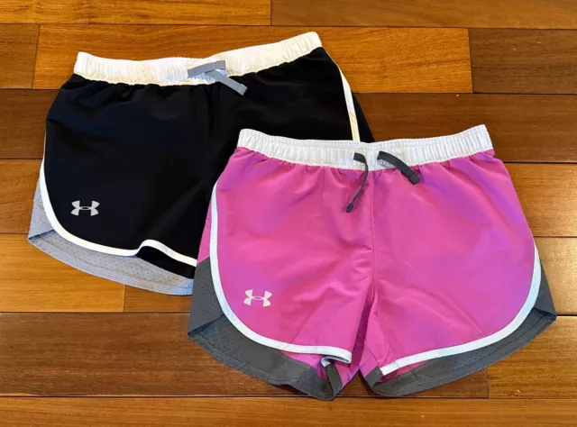 Girls Under Armour Athletic Running Shorts Lot 2 Pair Youth Large Unlined EUC