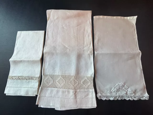 VTG Ivory Linen Finger Towel & 2 SZHand Towels Crochet Cut Work Lace Embroidered