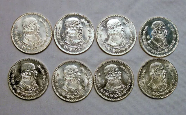Lot of 8 - 1965 Mexican Un Peso - Silver Coins