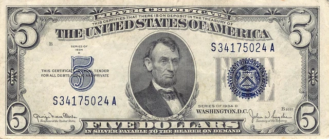 1934-D $5 Silver Certificate Blue Seal Dollar Bill (PM101)
