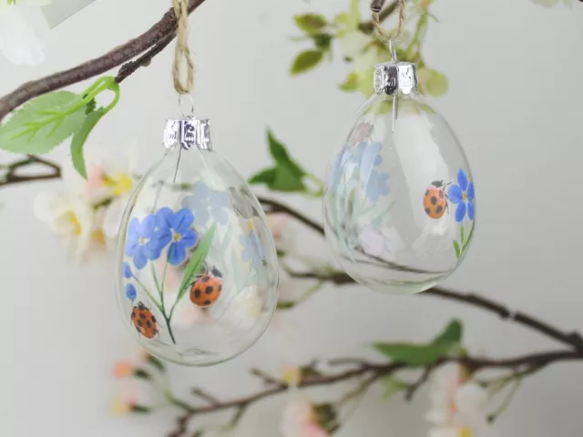 Gisela Graham Easter Glass Painted Forget- Me -Not Ladybird Egg Decoration X 2