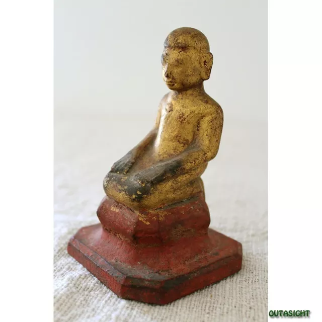 Wood carving monk Myanmar Burma Lacquered Gold Antique 19th century