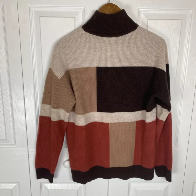 In Cashmere L Sweater Pullover Turtleneck Colorblock Abstract Brown 100% Cashmer