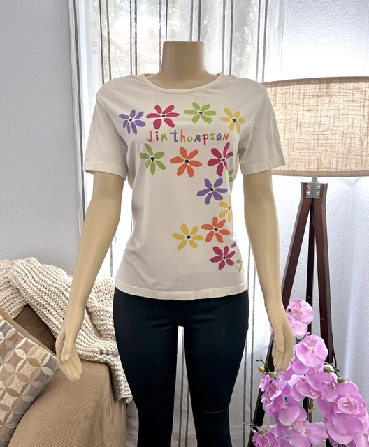 Vintage Jim Thompson Off White Floral Short Sleeve Top Size L Large